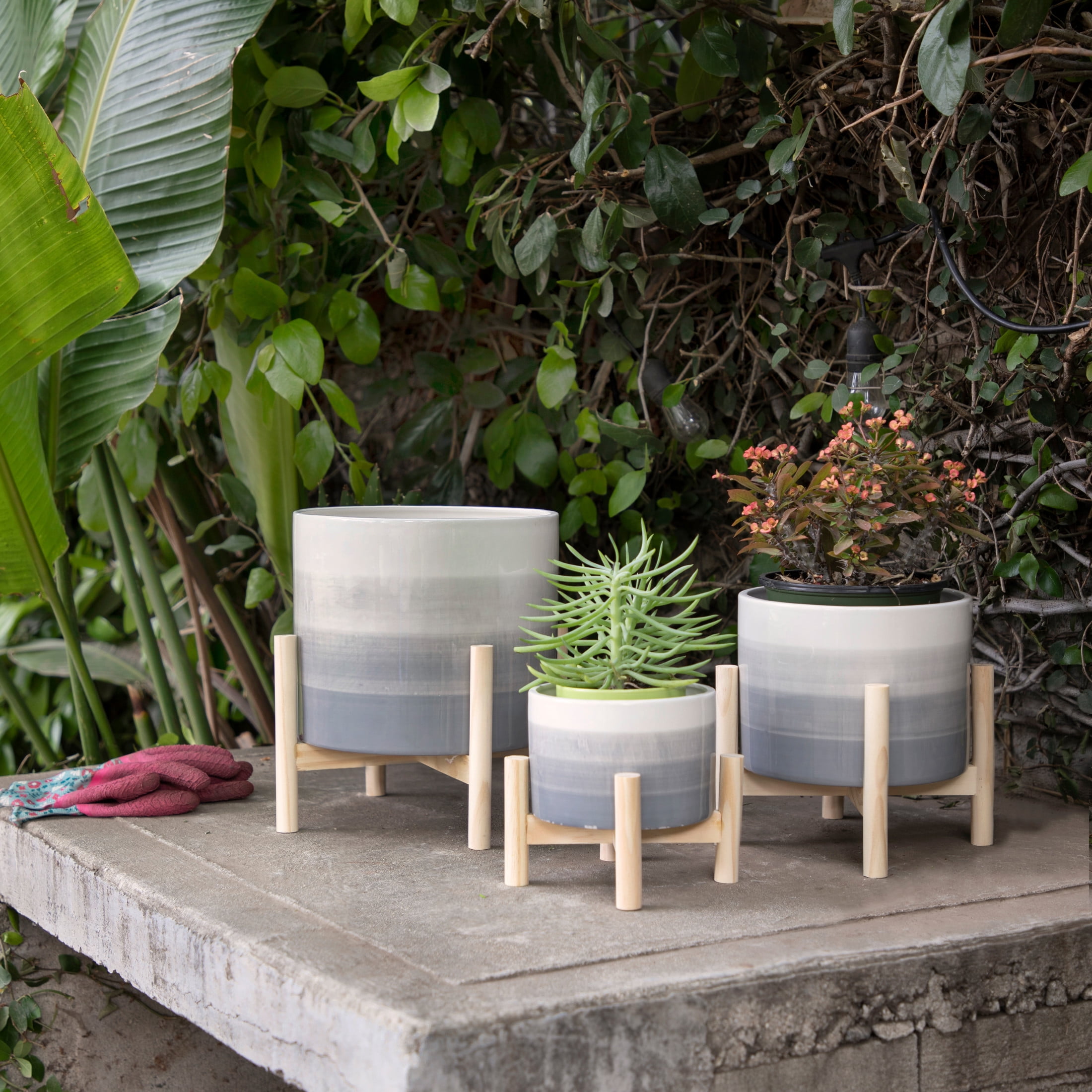 Sagebrook 8" Beige Ceramic Planter with Wooden Stand for Indoor and Outdoor
