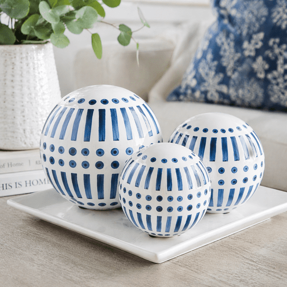 Decorative Ceramic Orbs for Home Decor - Coastal Inspired Sphere for Office Desk and Tabletop Decor - Casual Accent for Living Room, Bedroom, and Shelf Display - 6", 5", 4", Blue & White