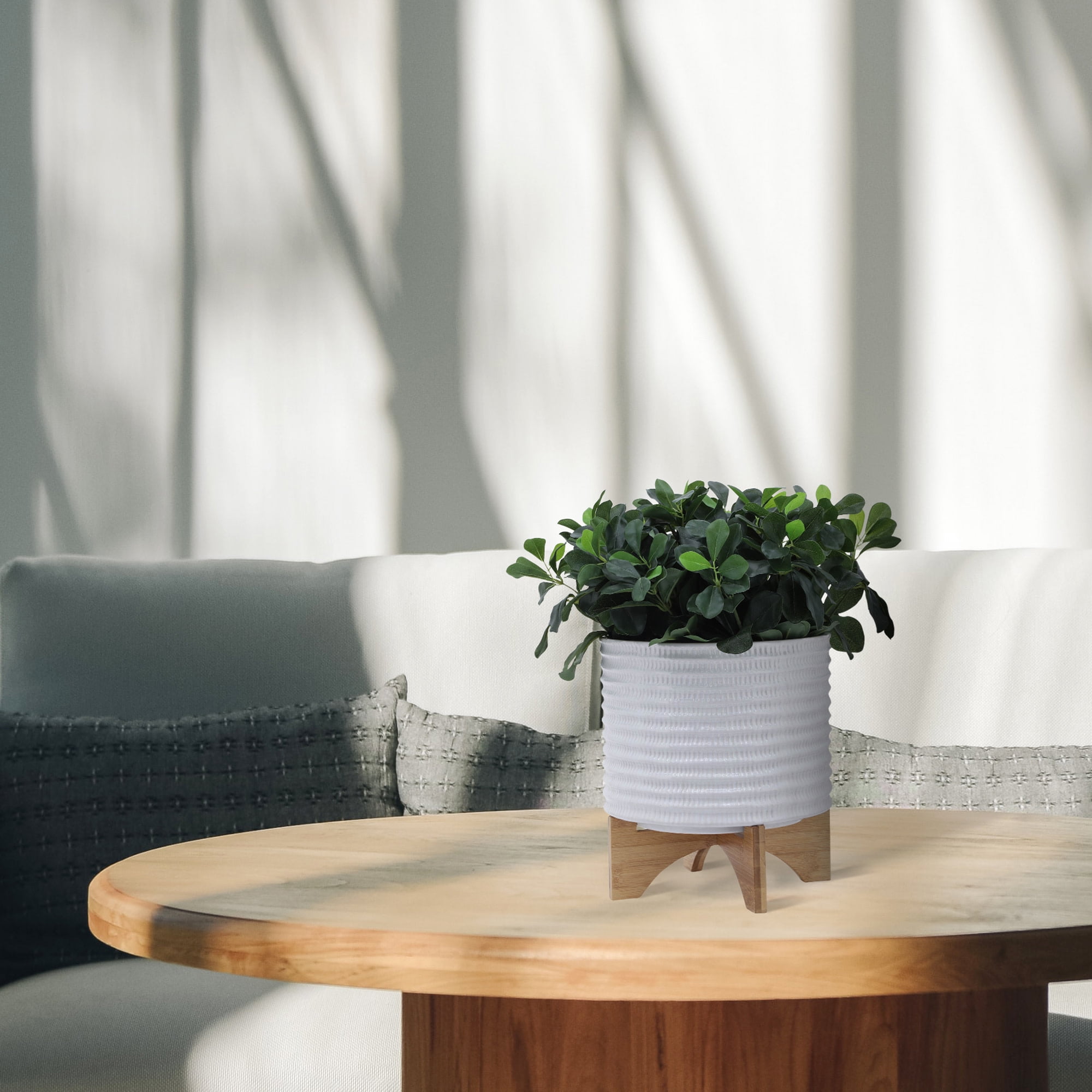 Picture of Sagebrook Home Neutral Modern Textured Ceramic Planter with Wood Stand ...