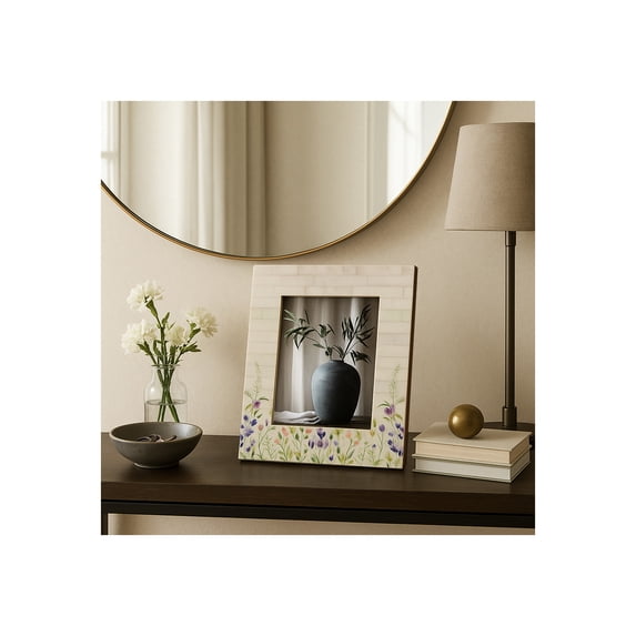 Elegant Rectangle Picture Frame with Flower Field Bottom Border - Decorative Resin Photo Frame for Tabletop Display - Stylish Frame for Office Desk or Home Decor Accents - 9.5", Ivory & Green