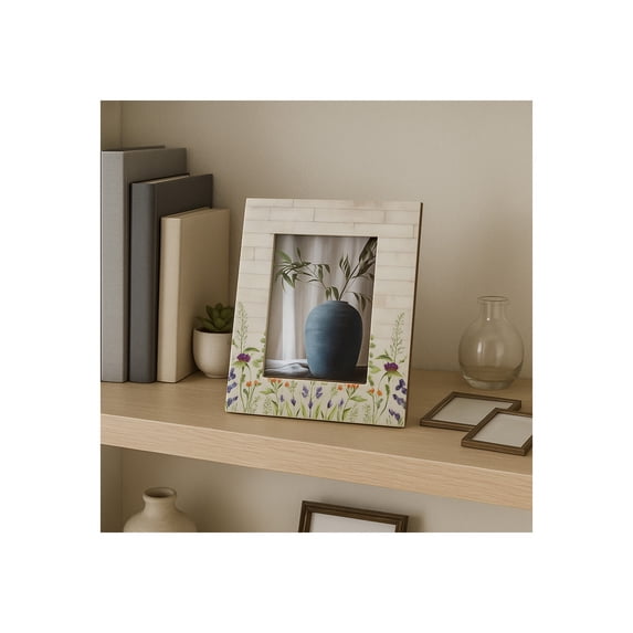 Elegant Rectangle Picture Frame with Flower Field Bottom Border - Decorative Resin Photo Frame for Tabletop Display - Stylish Frame for Office Desk or Home Decor Accents - 9", Ivory & Green