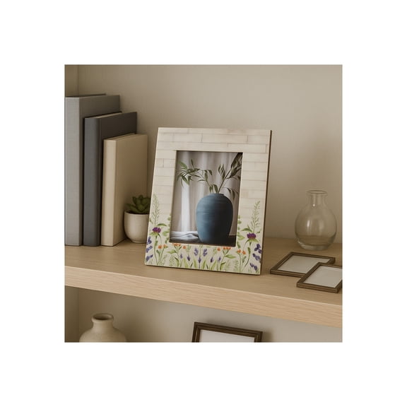 Elegant Rectangle Picture Frame with Flower Field Bottom Border - Decorative Resin Photo Frame for Tabletop Display - Stylish Frame for Office Desk or Home Decor Accents - 9", Ivory & Green
