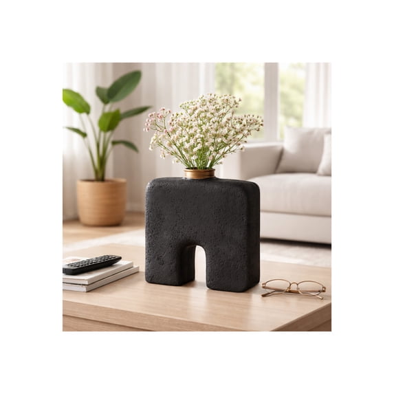 Sculptural Arch Vase for Living Room Decor - Modern Pottery Ecomix Flower Vase for Home, Bedroom, and Office Table Styling - Room Accent Display for Kitchen Counter, Mantel, and Console - 13", Black