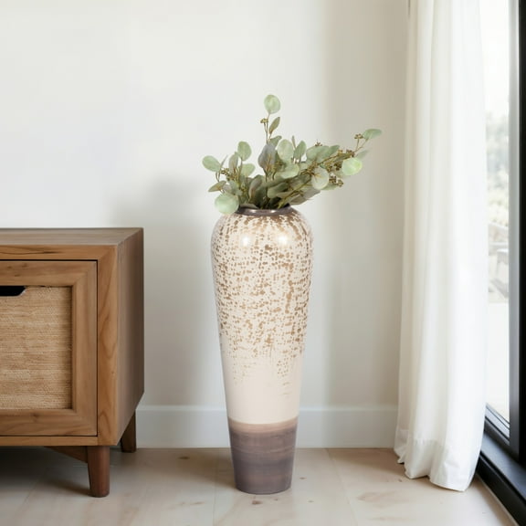 Modern Glam Metal Vase - Tall Decorative Iron Floor Vase for Home, Office, Living Room & Bedroom - Elegant Gold Accents - 28" Ivory, Gray, Gold