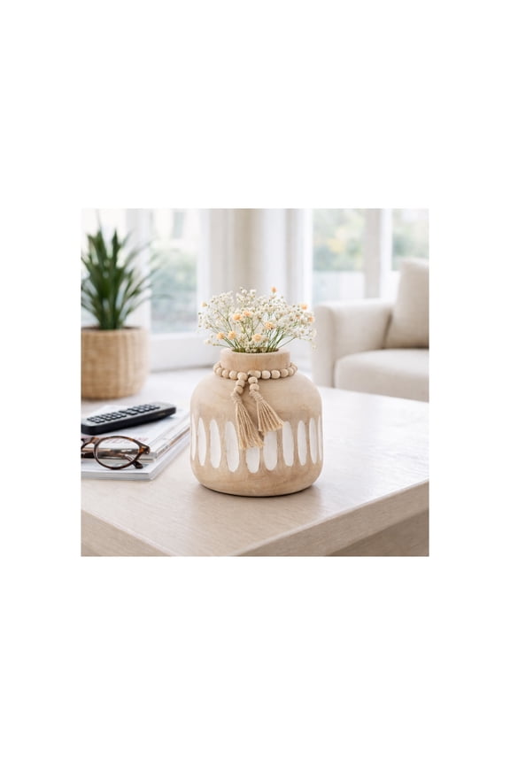 Paulownia Wood Vase with Beaded Tassels for Living Room Decor - Decorative Flower Vase for Bedroom, Office Desk, and Home Display - Casual House Accent for Table Centerpiece - 8", Brown & White