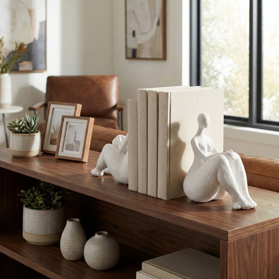 Resin Sitting Lady Figurine Book Ends for Home Shelves - Artful Book Accessories for Home Library - Decorative Bookends Display for Office Desk, Living Room or Bookshelf Decor - Set of 2, 6", White