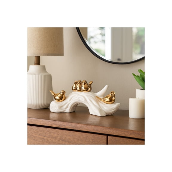 Home and Office Birds Sculpture for Living Room Decor - Elegant Porcelain Birds Statue on Branch for Bedroom, Bathroom, and Shelf Decor - Ornament That Defines Your Shelf Space - 6" White & Gold