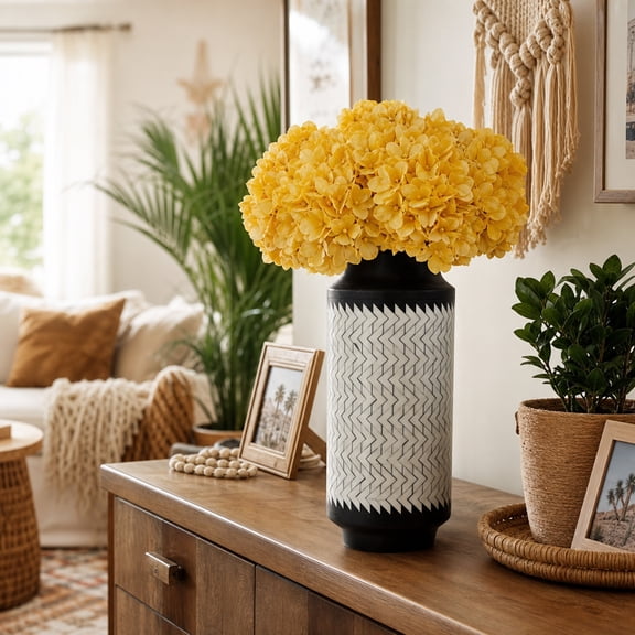 Boho Decorative Vase - Handcrafted Resin & Wood Flower Vase, Chevron Pattern - Modern Home & Office Decor - Stylish Accent for Living Room, Bedroom - 14" Black