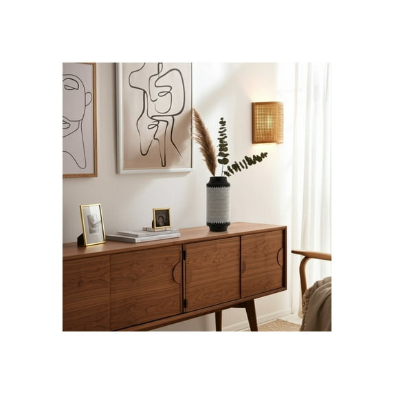 Boho Decorative Vase - Handcrafted Resin & Wood Flower Vase, Chevron Pattern - Modern Home & Office Decor - Stylish Accent for Living Room, Bedroom - 14" Black