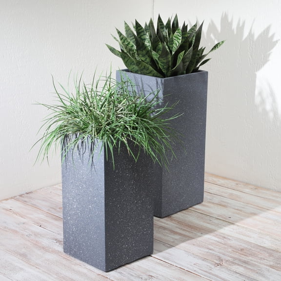 Square Resin Nested Planters for Home Decor - Contemporary Flower Pots for Living Room, Entryway, and Patio Decor - Decorative Plant Pots for Indoor and Outdoor Spaces - Set of 2, 28", 22", Gray