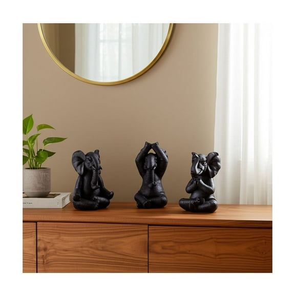 Set of 3 Elephant Figurines - Decorative Resin Sculptures for Home, Office, Bedroom, and Living Room Decor - Black, 9"