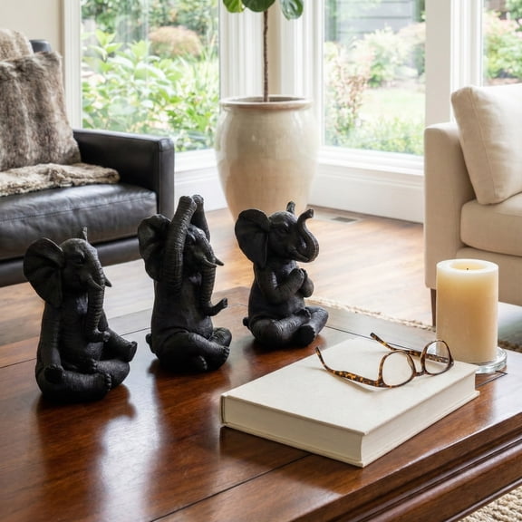 Resin Yoga Elephant Sculptural for Home or Bathroom Decor - Figurine for Shelf, Coffee Table, or Living Room - Ornaments Accent for Office Desk or Entryway - Set of 3, 9", 8", 8", Black