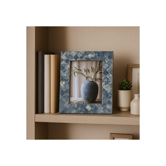 Decorative Woven Picture Frame for Home Decor - Resin Photo Frame for Console Tabletop, Office Desk, or Living Room Decor - Modern Frame for Shelves Accent or Bedroom - 10", Blue & White