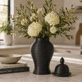 thumbnail image 1 of Ceramic Ribbed Temple Jar for Living Room Decor - Decorative Home Accent for Office Display, Entryway, and Kitchen Counter - Flower Vase for Bedroom, House, and Table Styling - 24", Black, 1 of 11