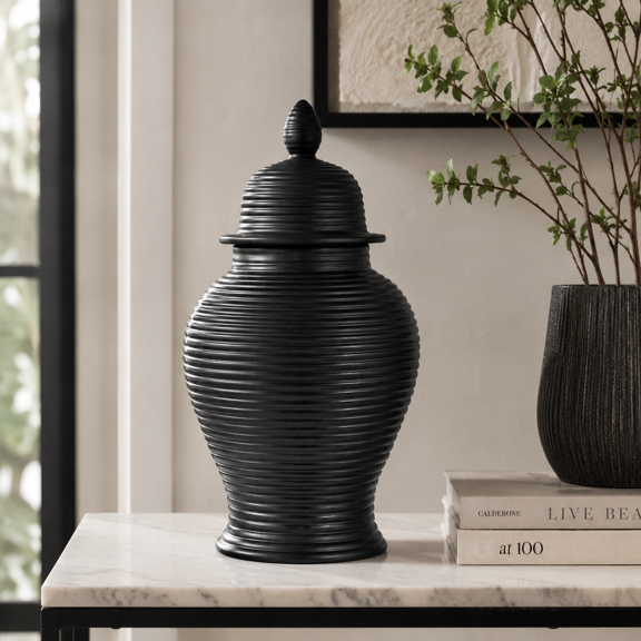 Ceramic Ribbed Temple Jar for Living Room Decor - Decorative Home Accent for Office Display, Entryway, and Kitchen Counter - Flower Vase for Bedroom, House, and Table Styling - 24", Black