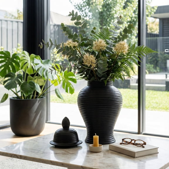 Ribbed Ceramic Temple Jar with Lid for Living Room Decor - Modern Flower Vase for Bedroom, House, or Office Display - Sculptural Home Accent for Kitchen Counter or Table Decor - 18", Black