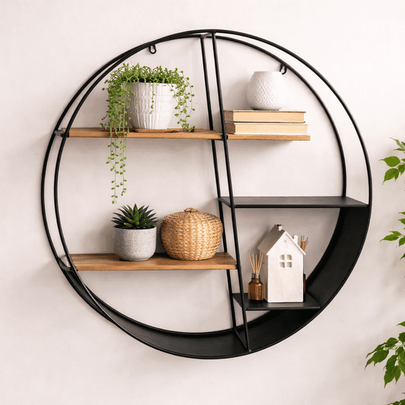 Sagebrook Home Round Wall Mounted Organizer Shelf - Metal Hanging Storage Wall Organizer with Multi-Level Shelves for Living Room, Office - 32", Black