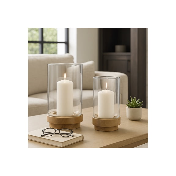 Cylindrical Hurricanes Candle Holder with Glass and Wood Base for Home Decor - Glass Candle Holder for Table Centerpiece and Lantern Accent Displays - Set of 2, 11", 9", Clear & Brown