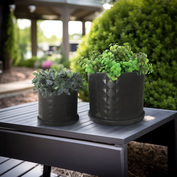 Sagebrook Home Set Of 2 10/12" Diamond Planter With Saucer, Black