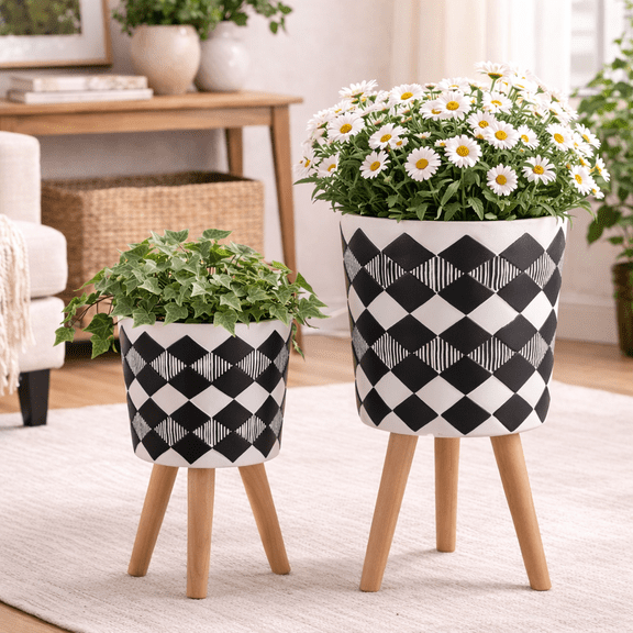 Sagebrook Home Set of 2 Geometric Planters on Stands - Resin & Wood Mid-Century Modern Plant Pots for Indoor/Outdoor Home & Garden Decor - 12" & 10", Black & White G