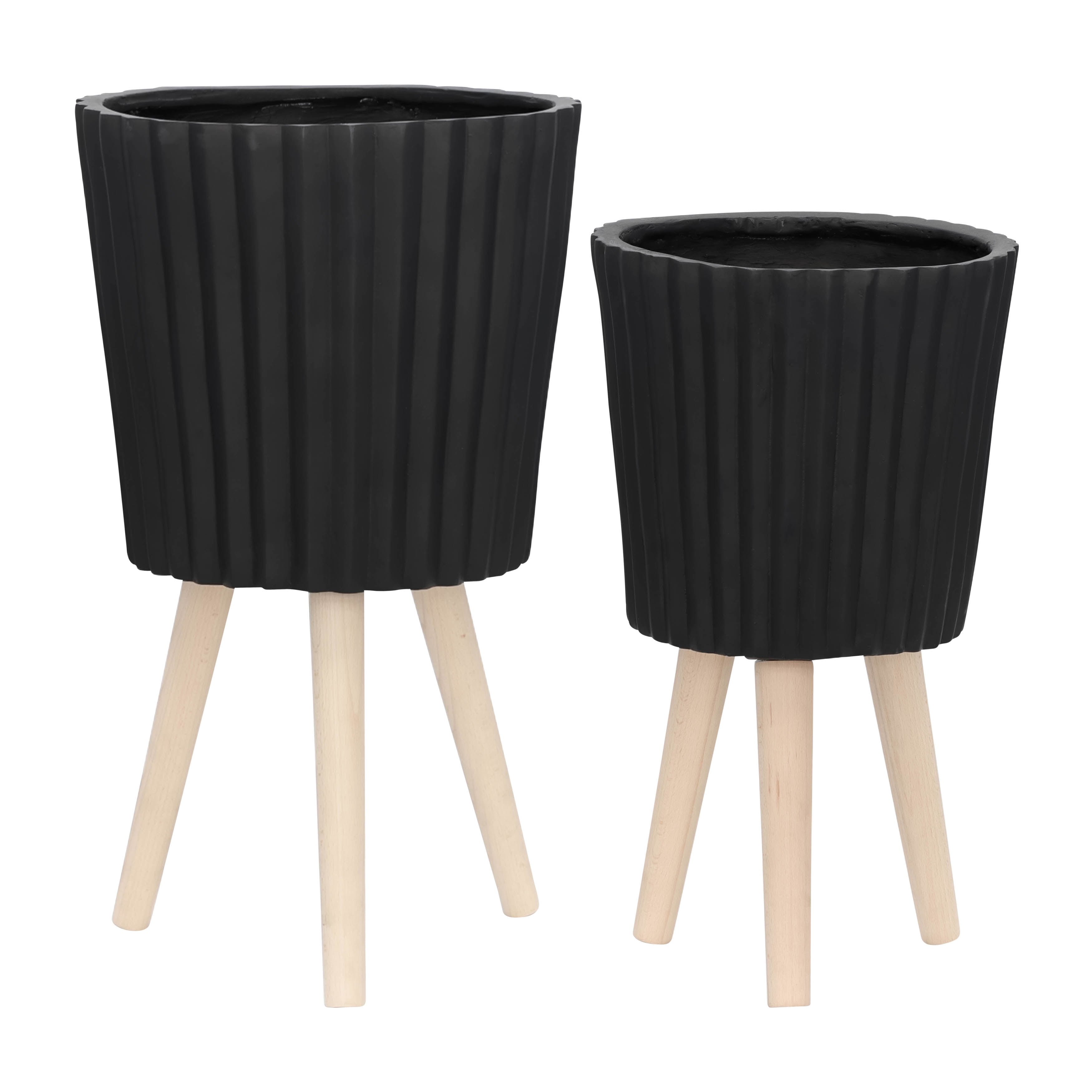 12" Black Ridged Cement Planter with Natural Wood Legs - Set of 2