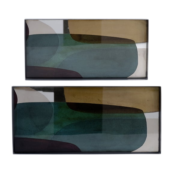 Sagebrook Home Set Of 2 16/20"L, Metal Glass Tray, Nickel Multi, Rectangle, 1"H, Abstract - 20" x 9" x 1"