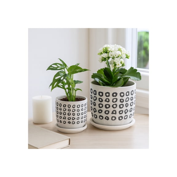 Patterned Ceramic Flower Pots with Saucers for Home Decor - Modern Planters and Pots for Indoor Plants - Decorative Planters for Kitchen and Outdoor Styling - Set of 2, 6", 5", Black & White
