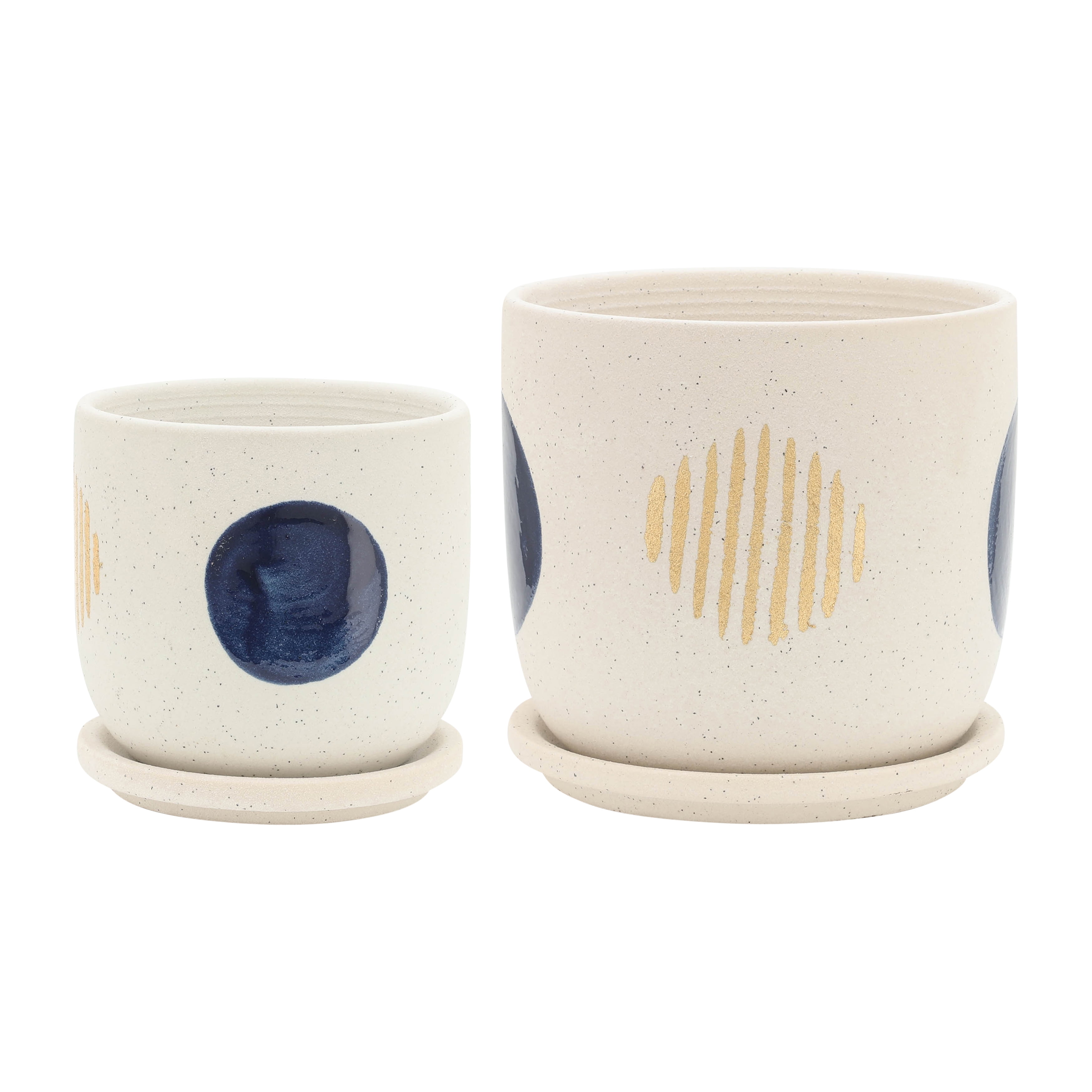 Set of 2 White Ceramic Funky Planter with Saucer 6" Contemporary Design