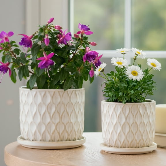 Planters and Flower Pots for Home Decor - Ceramic Plant Pots with Saucers for Indoor and Outdoor Succulents and Houseplants - Planters for Garden, Patio, or Room Decor - Set of 2, 6", 5", White