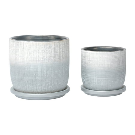 Textured Ceramic Flower Pots with Saucer for Home Decor - Modern Planters and Pots for Garden Plants- Elegant Planters for Indoor Plants and Outdoor Use - Set of 2, 6", 5", Silver & Metallic