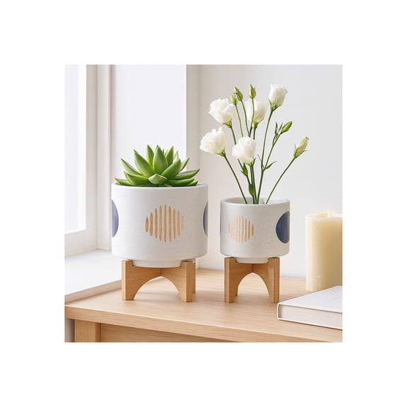 Funky Shapes Ceramic Planters with Wooden Stand for Home Decor  Flower Pots for Living Room, Entryway, and Garden - Raised Plant Pots fo Indoor and Outdoor Plants - Set of 2, 11", 7", White & Tan