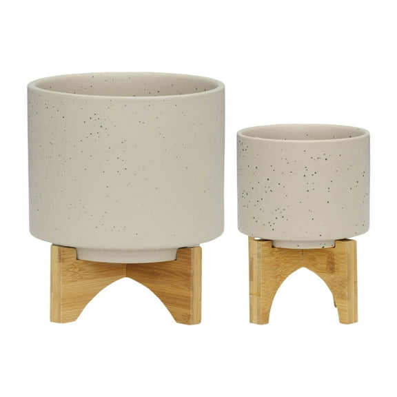 Set of 2 Ceramic Planters with Bamboo Stand - Modern Speckled Round Planters for Indoor/Outdoor Plants - Decorative Flower Pots for Home & Garden - 10.5" & 7" Ivory and Tan