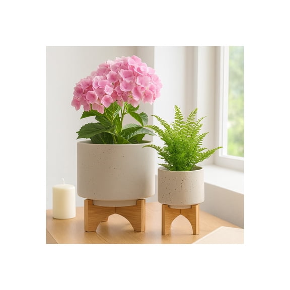Flower Pots with Wooden Stand for Home Decor  Decorative Planters for Tabletop, Entryway, Patio, and Garden - Raised Display Pots for Indoor and Outdoor Plants - Set of 2, 11", 7", Ivory & Tan