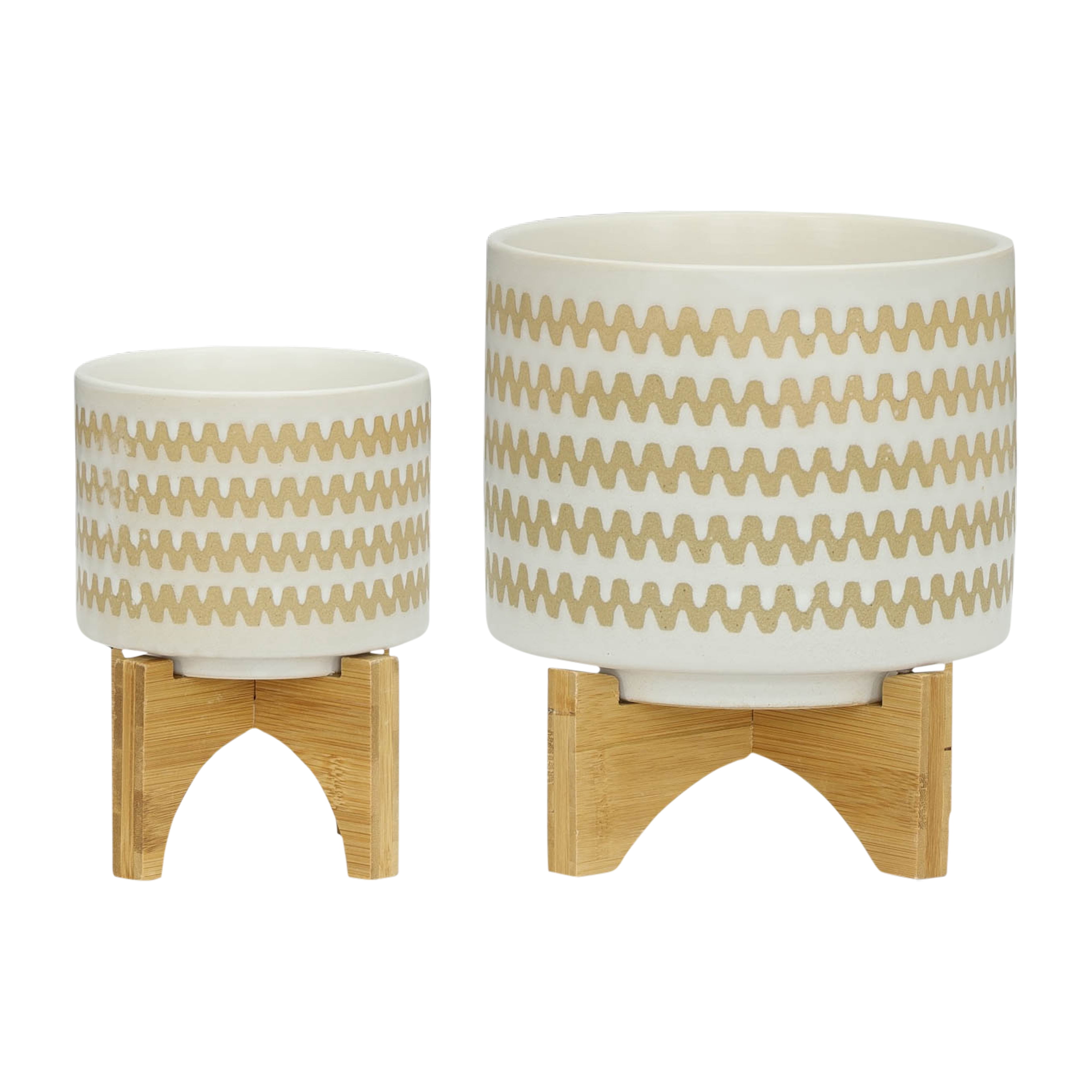 Set of 2 Modern Planters with Stands - Ceramic & Bamboo Wood - Stylish White Decorative Pots for Indoor & Outdoor Use - Minimalist Garden Aesthetic - 10.5" & 7" White