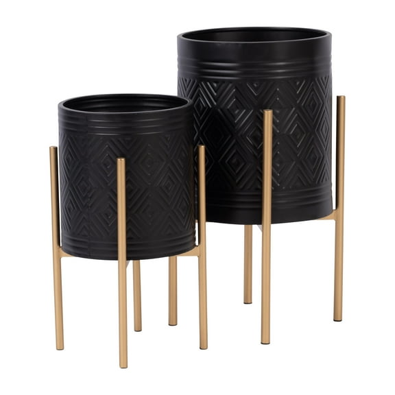 Set of 2 Black Metal Planters with Gold Stands - Modern Decorative Indoor & Outdoor Plant Pots - Tall Flower Pots for Home & Garden- Stylish Mid-Century Design, Durable & Elegant  - 23" & 19"