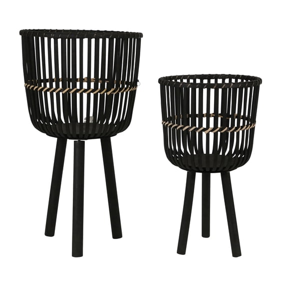 Sagebrook Home Set Of 2 Bamboo Footed Planters 10/12", Black, Round, Bamboo Wood, Global, 13"L X 13"W X 23"H, Weave