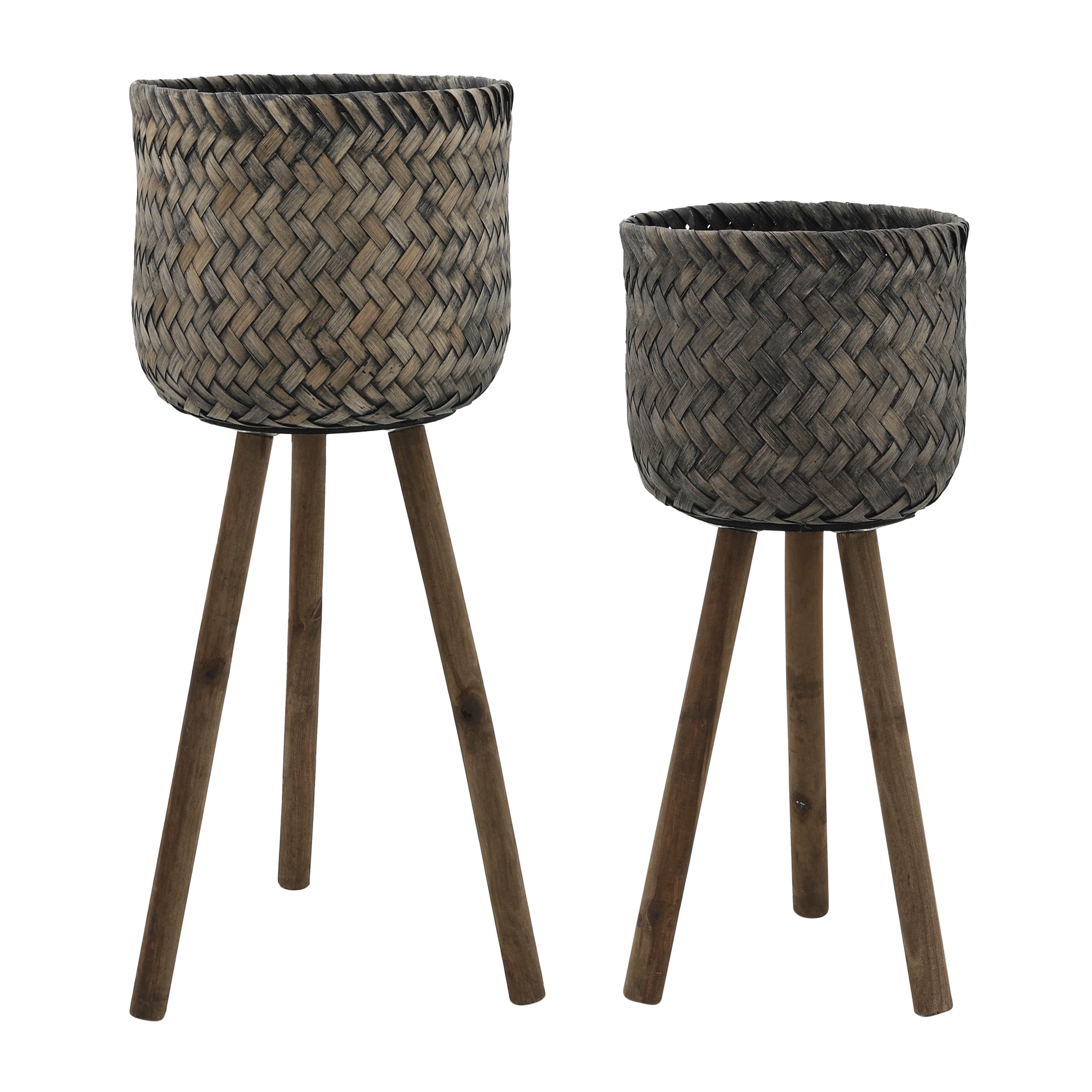 Set of 2 Brown and Black Bamboo Planters with Stands