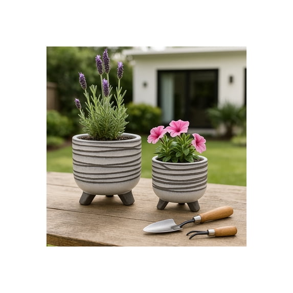 Ceramic Footed Planter for Home Decor - Hand Painted Flower Pot for Indoor and Outdoor Plants - Decorative Pot Accent for Garden, Patio, and Living Room Decor - Set of 2, 8", 6", White