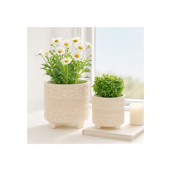 Ceramic Footed Planter with Abstract Design for Home Decor - Indoor and Outdor Pots for Plants and Office - Flower Pot for Living Room Decor and Patio Area - Set of 2, 9", 8", White