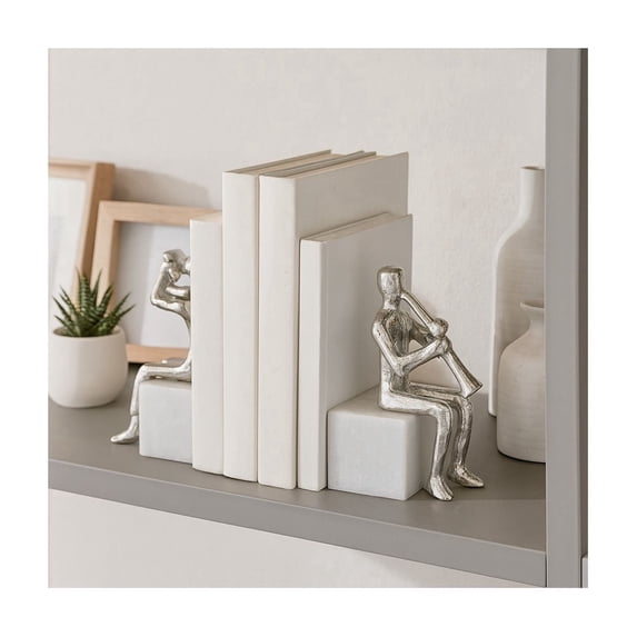 Decorative Metal Musicians on Marble Base Bookends - Artistic Bookshelf Decor or Book Accessories for Home Library - Contemporary Book Ends for Office Accent or Desk Decor - Set of 2, 8", Silver