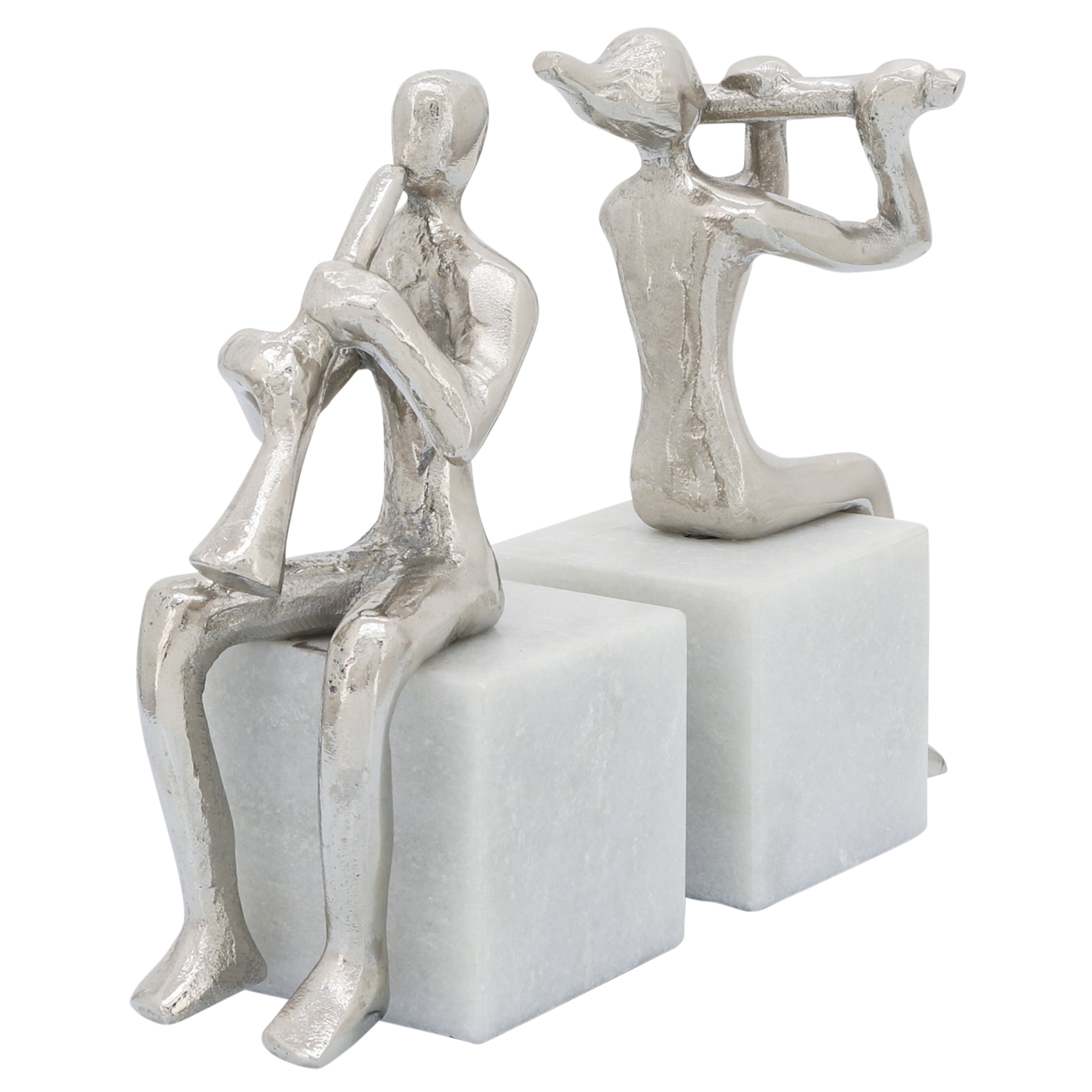Sagebrook Home Set Of 2 Metal Musicians On Marble Base, Silver, Novelty, Metal, Transitional, 9"L X 3"W X 8"H, Solid Color