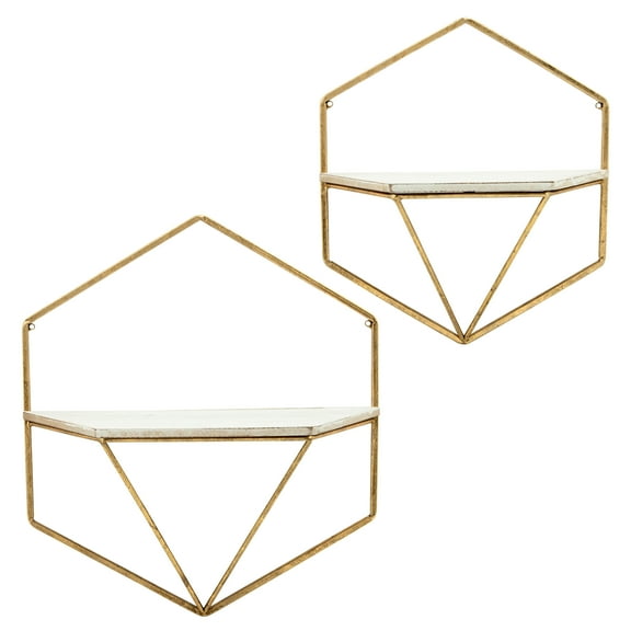 Sagebrook Home Set Of 2 Metal / Wood Hexagon Wall Shelves, Gold/White, Hexagon, Mdf, Contemporary, 17"L X 7"W X 17"H, Solid Color