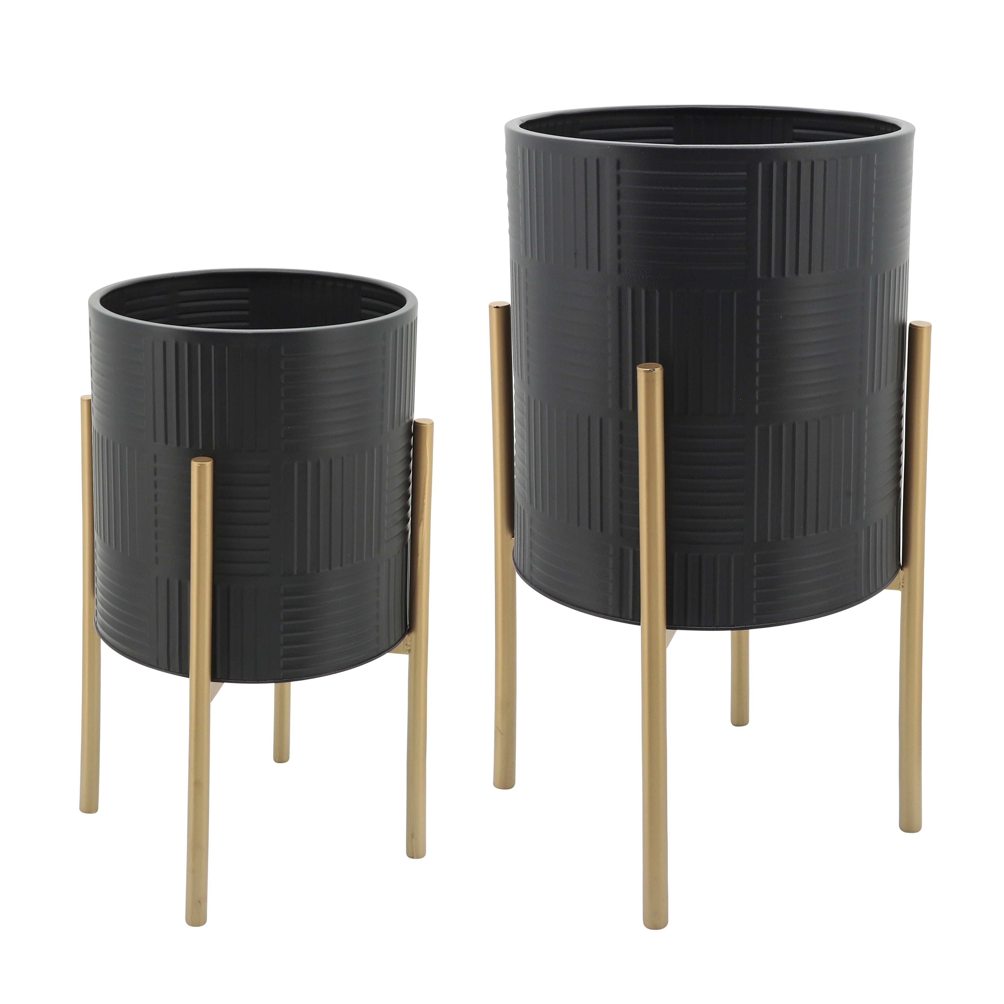 Black and Gold Geometric Planters on Metal Stands, Set of 2