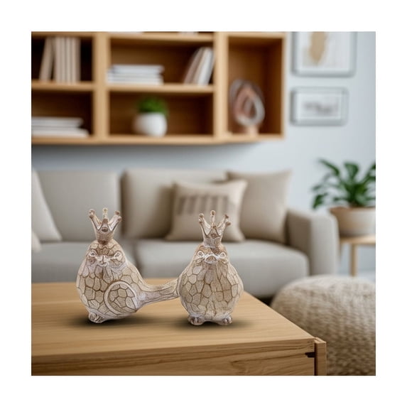 Set of 2 Royal Bird Figurines - Decorative Resin Sculptures with Crown - Elegant Home Accent for Living Room, Office & Bedroom - Polyresin Bird Statues - 6" Brown