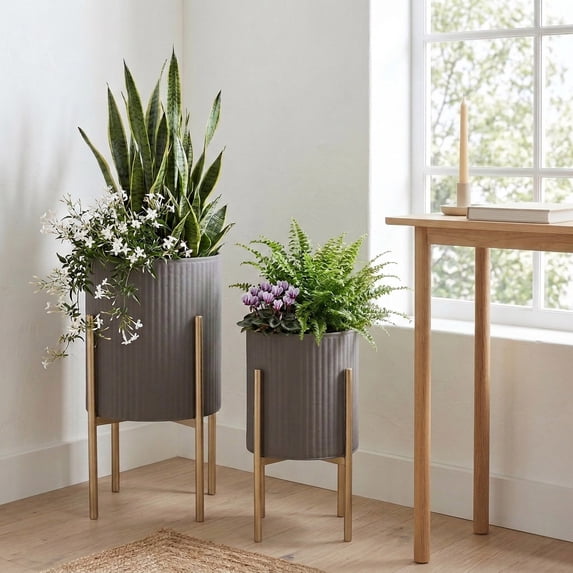 Decorative Flower Pots with Metal Stand for Home Decor - Modern Planters for Hallway, Entryway, and Living Room Decor - Indoor and Outdoor Pots for Plants Styling - Set of 2, 23", 19", Gray & Gold