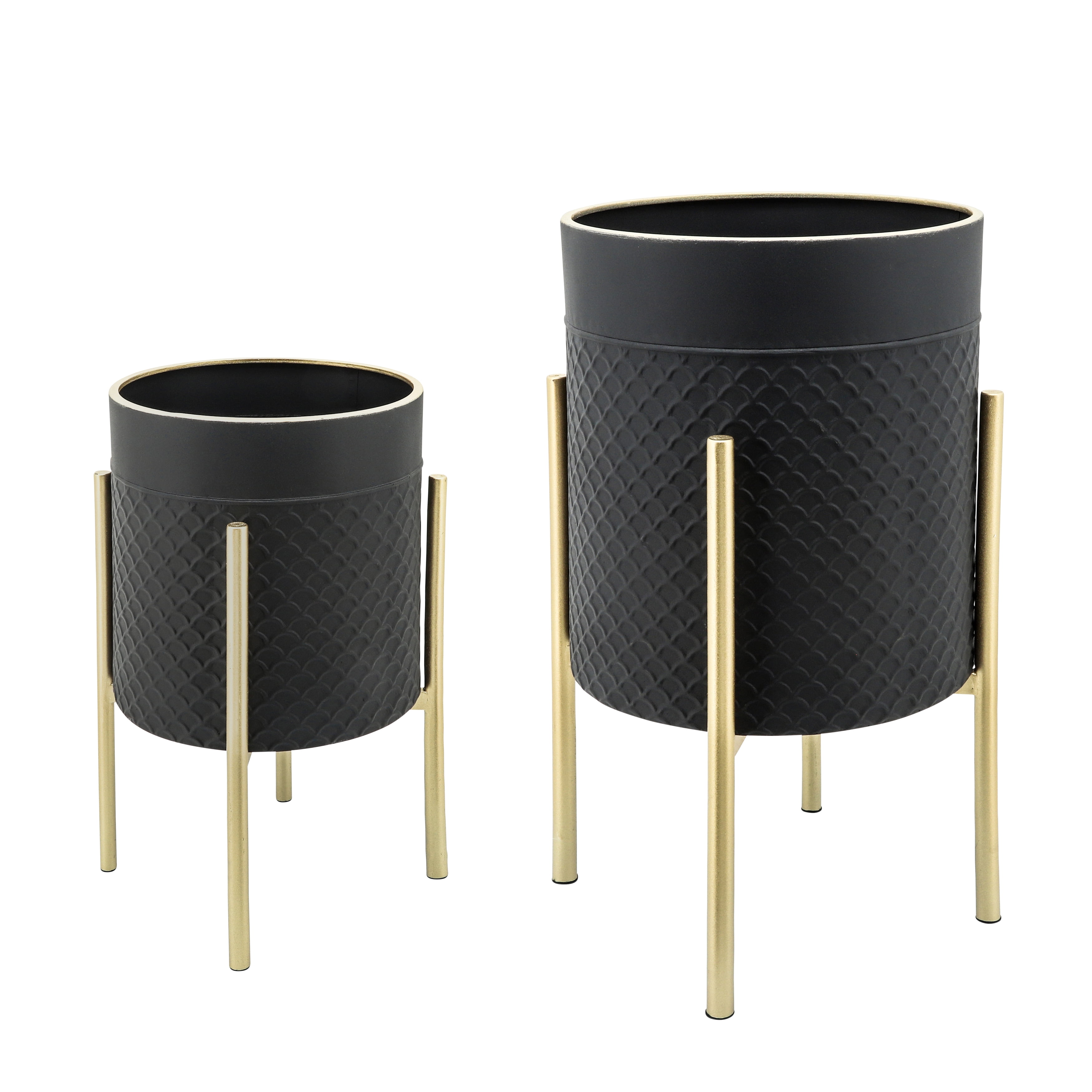 Black and Gold Iron Honeycomb Planters on Metal Stands, Set of 2
