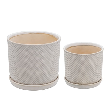 Sagebrook Home Set Of 2 Square Dot Planter 6/8" With Saucer, Beige, Round, Ceramic, Contemporary, 8"H, Square