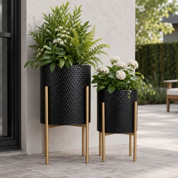Decorative Flower Pots with Metal Stand for Home Decor - Modern Planters for Hallway, Entryway, and Living Room Decor - Indoor and Outdoor Pots for Plants Styling - Set of 2, 23", 19", Black & Gold