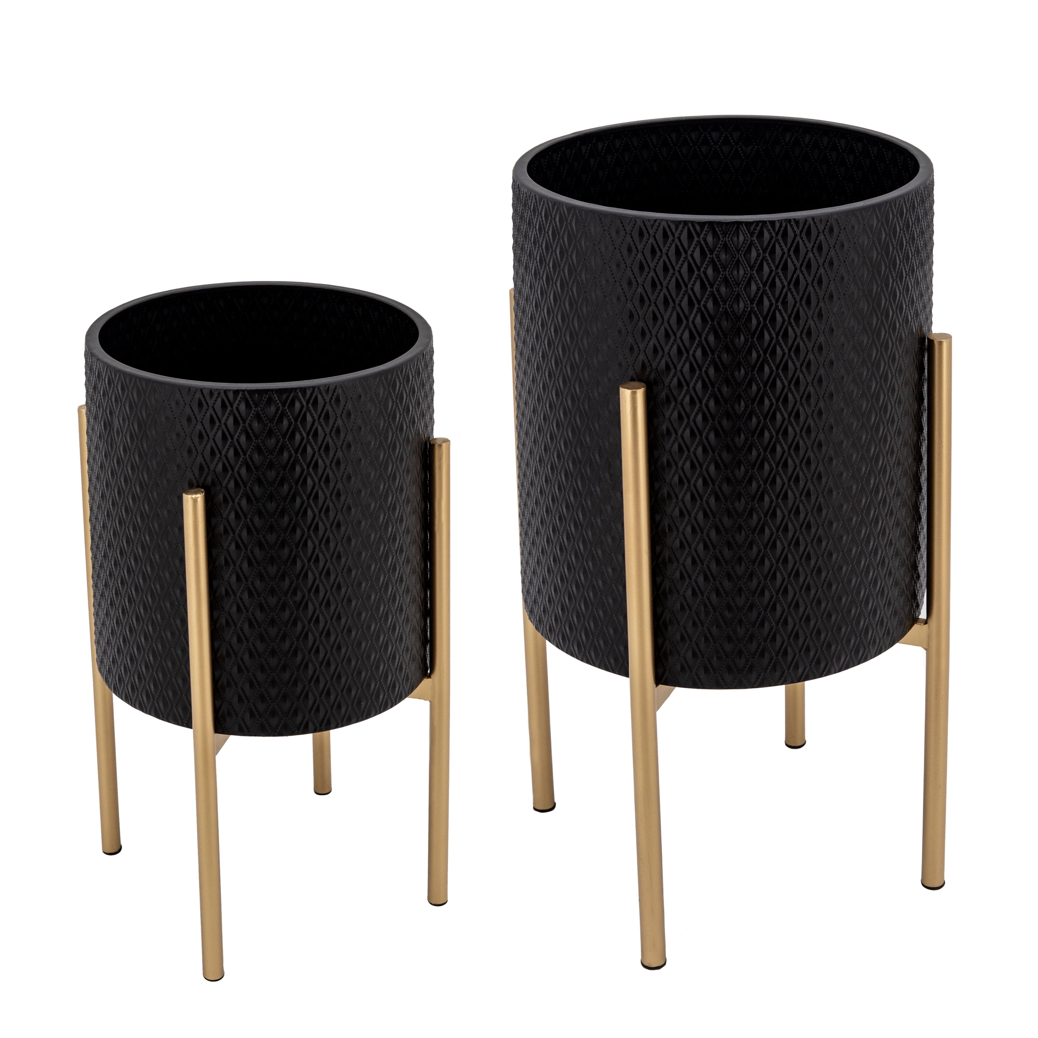Textured Diamond Metal Planter Stands in Black and Gold, Set of 2