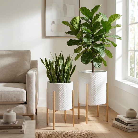Decorative Flower Pots with Metal Stand for Home Decor - Modern Planters for Hallway, Entryway, and Living Room Decor - Indoor and Outdoor Pots for Plants Styling - Set of 2, 23", 19", White & Gold
